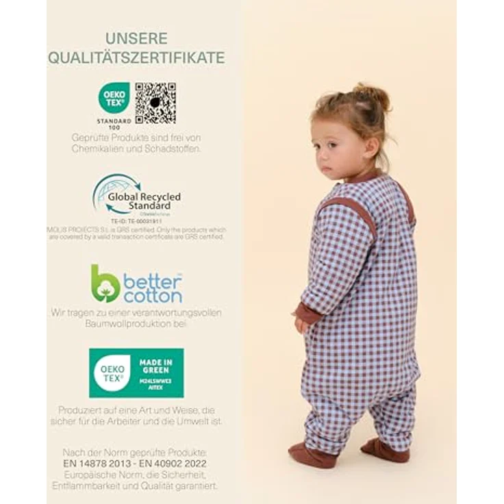 molis&co. Baby-Schlafsack mit Füßen, abnehmbare Ärmel und Socken. 2.5 TOG. Ideal für die Übergangszeit und den Winter. 100% Baumwolle (Oeko-TEX 100). (Vichy Brown&Blue, 90 cm (3 Jahre)) – Bild 7