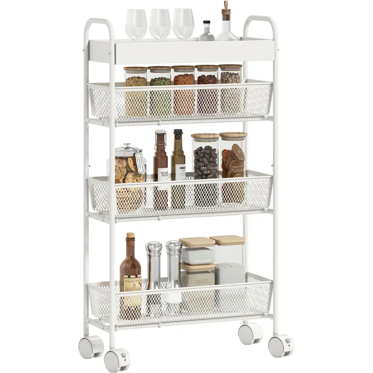MELAYR, Küchenwagen aus Metall, 3 Körbe, schmales Design, 4 Räder, für Küche, Wohnzimmer, 43.2 x 19 x 80 cm, Weiß