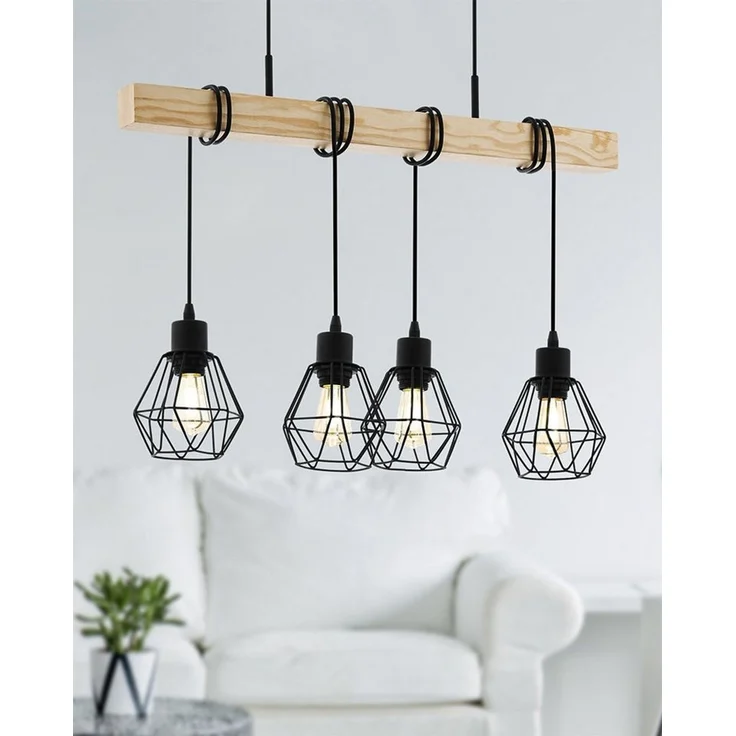 Eglo 43132 Pendelleuchte TOWNSHEND 5 Stahl schwarz, Holz braun E27 4X40W L:70cm B:20cm H:110cm dimmbar – Bild 2