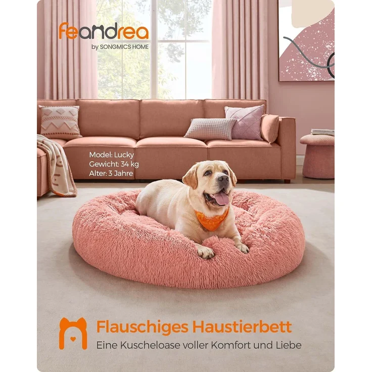 Feandrea Hundebett flauschig, Katzenbett, Donut Kissen, waschbar, Polsterung in der Mitte herausnehmbar, Langer Plüsch, 120 cm Durchmesser, rosa PGW043R01 – Bild 2