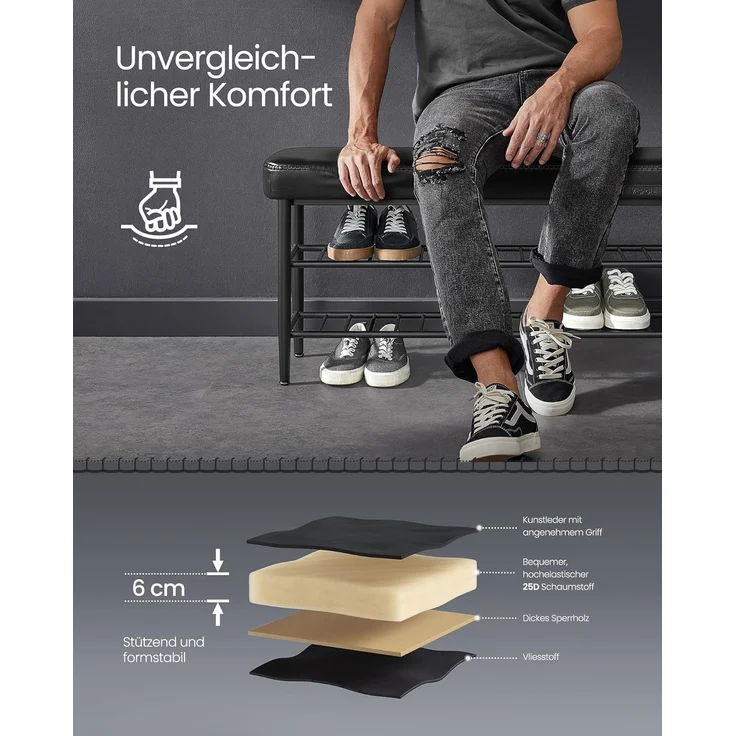 VASAGLE EKHO Kollektion - Schuhbank, Sitzbank, Sitztruhe, Eingangsbereich, Kunstleder, Nähte, Mid-Century-Modern-Stil, modern, bis 135 kg belastbar, 30 x 100 x 50 cm, tintenschwarz LSB113B01 – Bild 7
