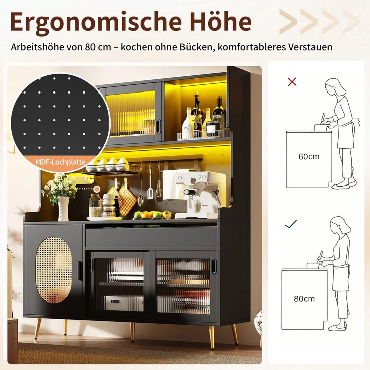 Seitenboard / Aufbewahrungsschrank / Küchenschrank / Buffetschrank, 145x39x171cm, Landhausstil, 5 Türen, mit LED-Lichtleiste & Ordnungslockplatte, Fluted Glas Türen, Braun/Schwarz – Bild 4