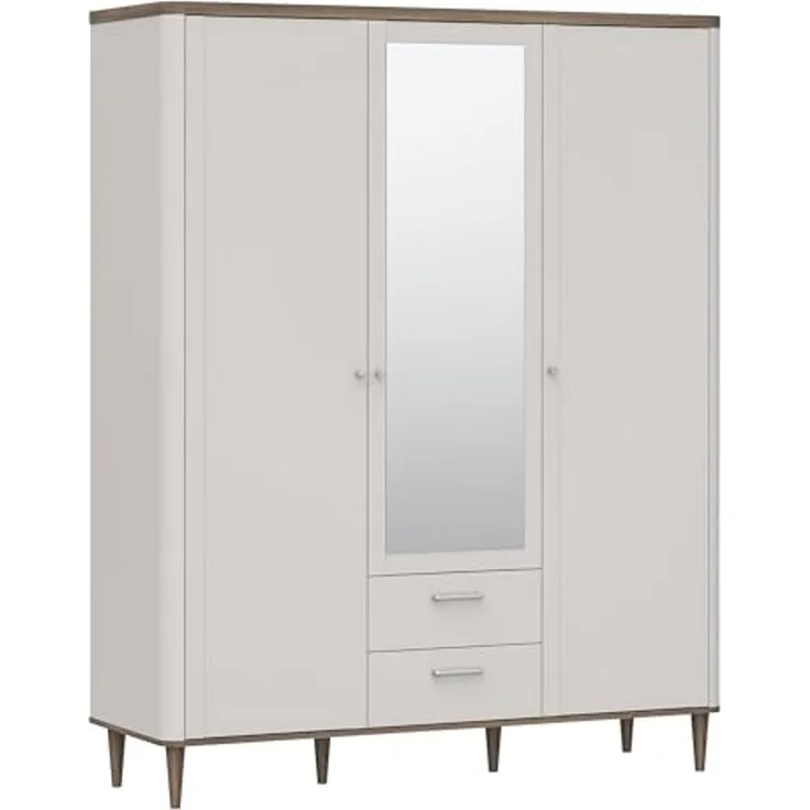 Forte LACETTI Kleiderschrank 160, eleganter Schrank mit Spiegel, 3-türig, 2 Schubladen, hohe Beine, Holzwerkstoff, Kaschmir-Beige-Valencia Eiche Holzdekor,159,8 cm breit x 200,5 cm hoch x 52,7 cm tief