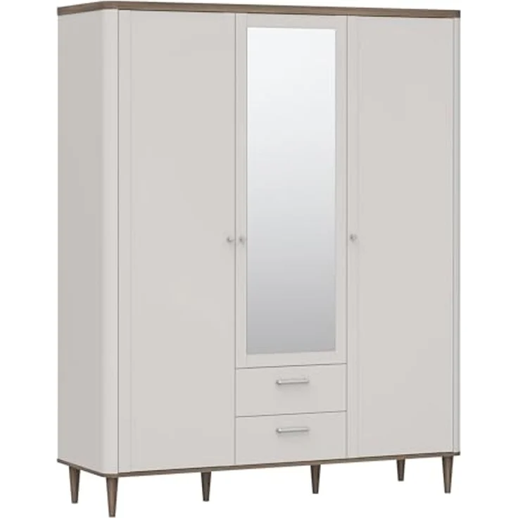 Forte LACETTI Kleiderschrank 160, eleganter Schrank mit Spiegel, 3-türig, 2 Schubladen, hohe Beine, Holzwerkstoff, Kaschmir-Beige-Valencia Eiche Holzdekor,159,8 cm breit x 200,5 cm hoch x 52,7 cm tief – Bild 1