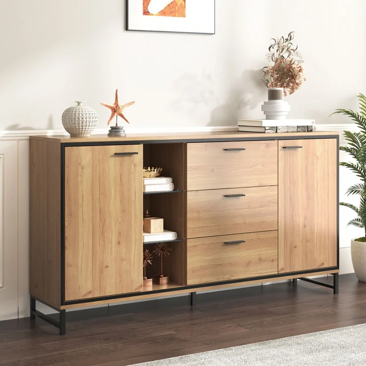Sideboard modern mit LED Lichteffekt, 160 x 40 x 85 cm,Aufbewahrungsschrank mit 16 Farben, verstellbaren Regalen & Eisenfüßen – Bild 5