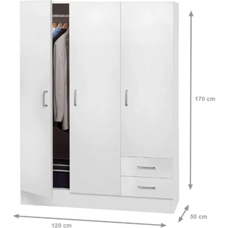 Dmora Kleiderschrank mit drei Türen und zwei Schubladen mit Einlegeböden und Kleiderstange, Farbe weiß, Maße 120 x 170 x 50 cm – Bild 2