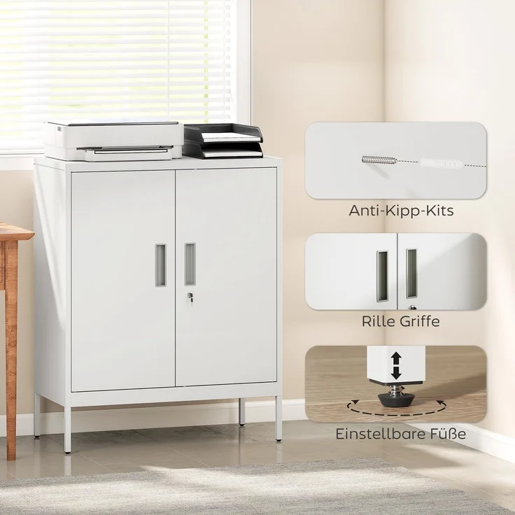 Verschließbarer Stahlschrank mit 2 Türen, Büroschrank, verstellbare Regale, für Homeoffice, Wohnzimmer, Garage, Weiß--Weiß--100x40x80cm--YOUDENOVA – Bild 9