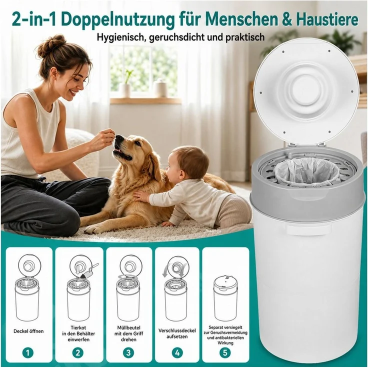 Rutaqian Windeleimer Windeleimer 13L mit Geruchsverschluss und Nachfüllfolie Baby, Windelmülleimer mit 360° Drehgriff einzeln versiegelnd Grau – Bild 4