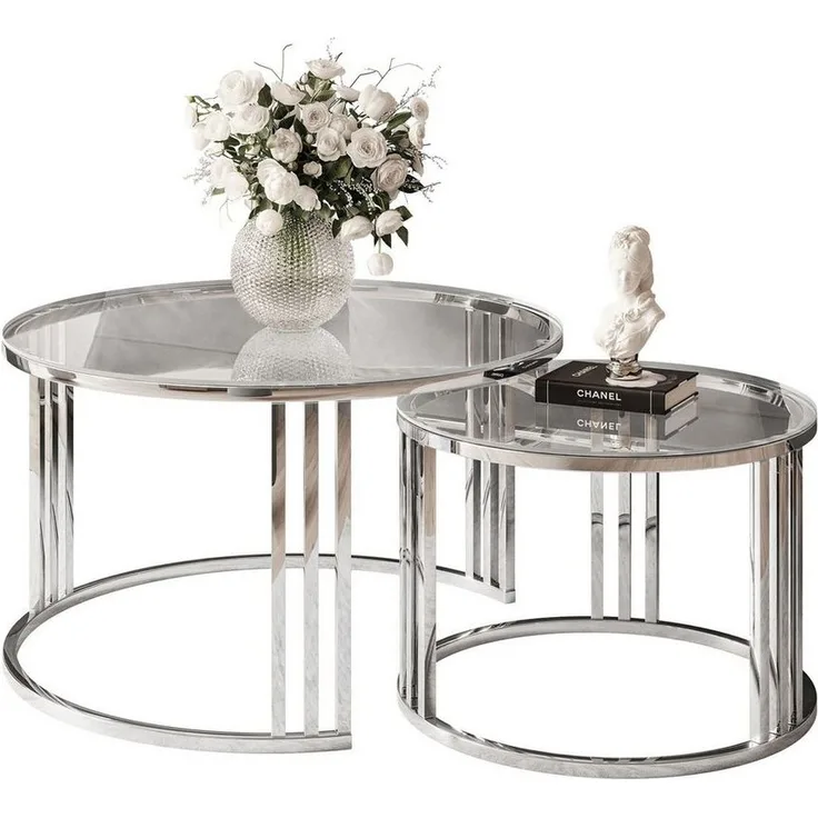 Lookway Couchtisch LORI 2in1 GLASS runder Couchtisch mit silber chrom Gestell (2er Set), Durchmesser: ⌀70 cm und ⌀50 cm