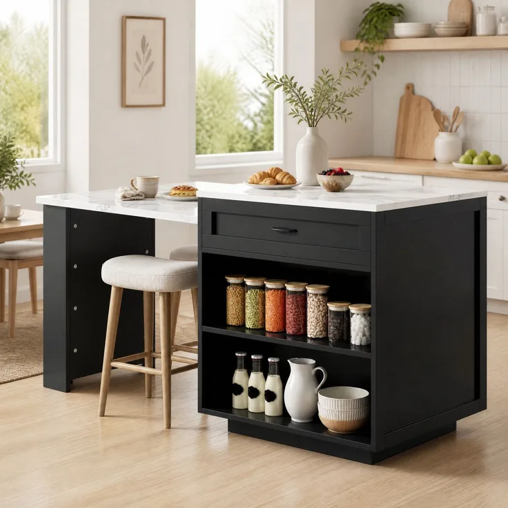 Bartisch 98-204x70x93,5 cm, ausziehbar, mit Stauraum und Rollen, Schwarz
