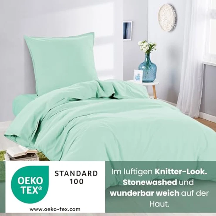 wometo Renforce-Bettwäsche Set, Mintgrün, 155x220 cm, Oeko-Tex® zertifiziert, Stone-Washed-Stil, 100% Baumwolle – Bild 3