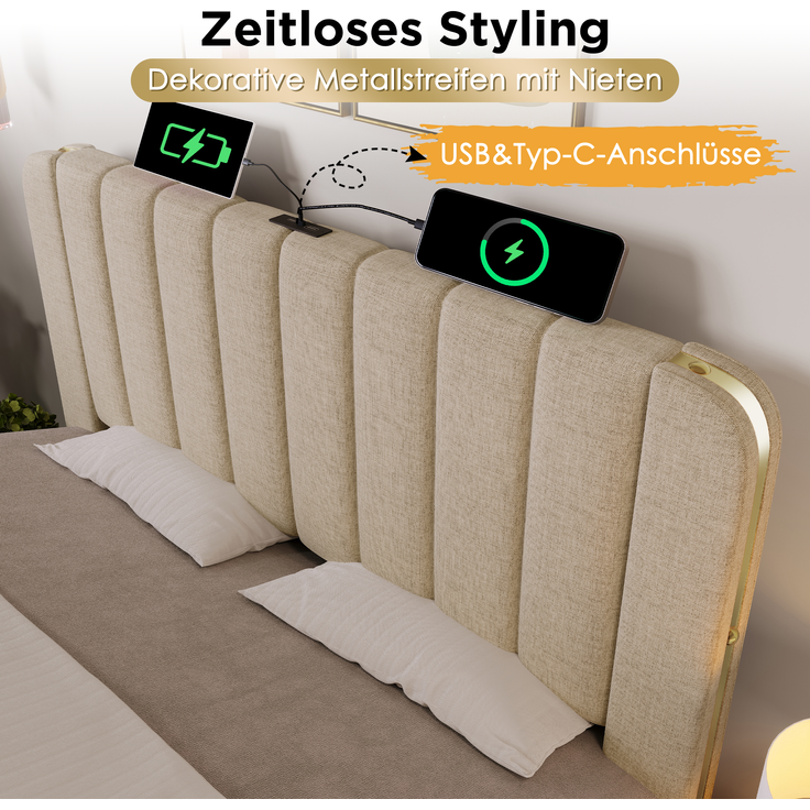 Polsterbett Leinen mit USB-Anschluss & 4 Schubladen, 90x200 cm, 215x98x102 cm, Beige, ohne Matratze – Bild 9