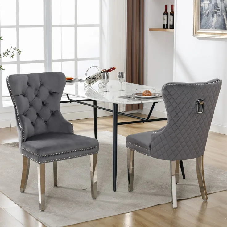 2er Set Esszimmerstuhl Samt gepolstert Massivholz & Metall, modernes Design mit Pin-Kopf Dekoration,Grau