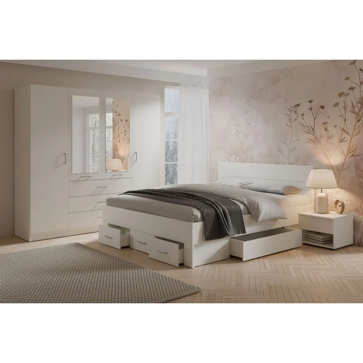 Lukas Möbel Schlafzimmer-Set Elegantes Schlafzimmer Set Monsun in Weiß, Bett mit 5 Schubladen, Kleiderschrank mit Spiegel, Breite wählbar – Bild 1