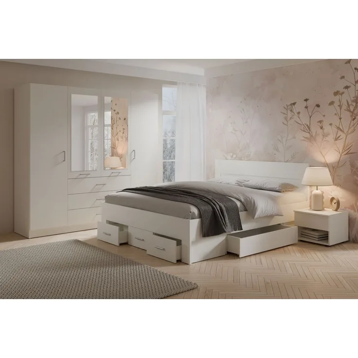 Lukas Möbel Schlafzimmer-Set Elegantes Schlafzimmer Set Monsun in Weiß, Bett mit 5 Schubladen, Kleiderschrank mit Spiegel, Breite wählbar
