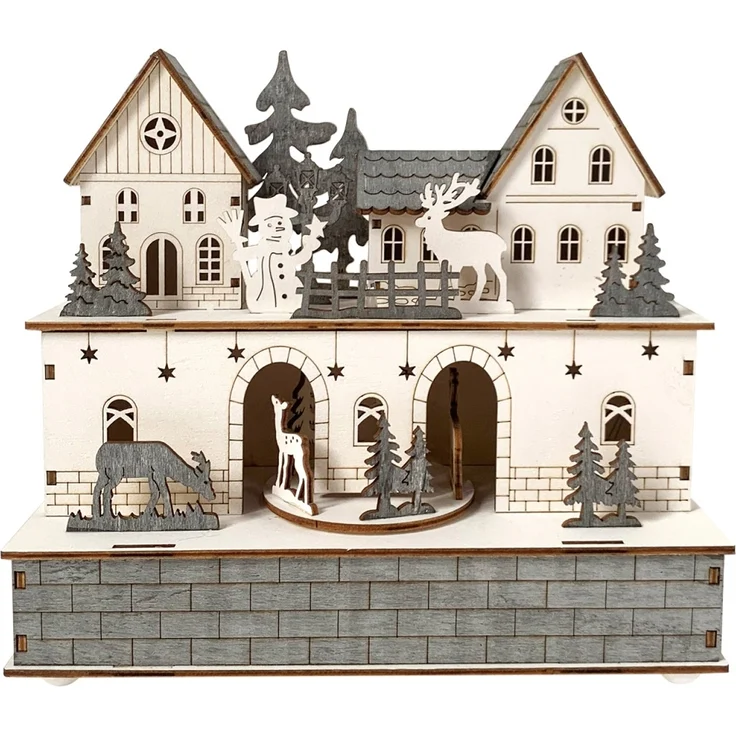 HTI-Living mit beweglichen Figuren LED Weihnachtshaus Weiß Grau – Bild 1