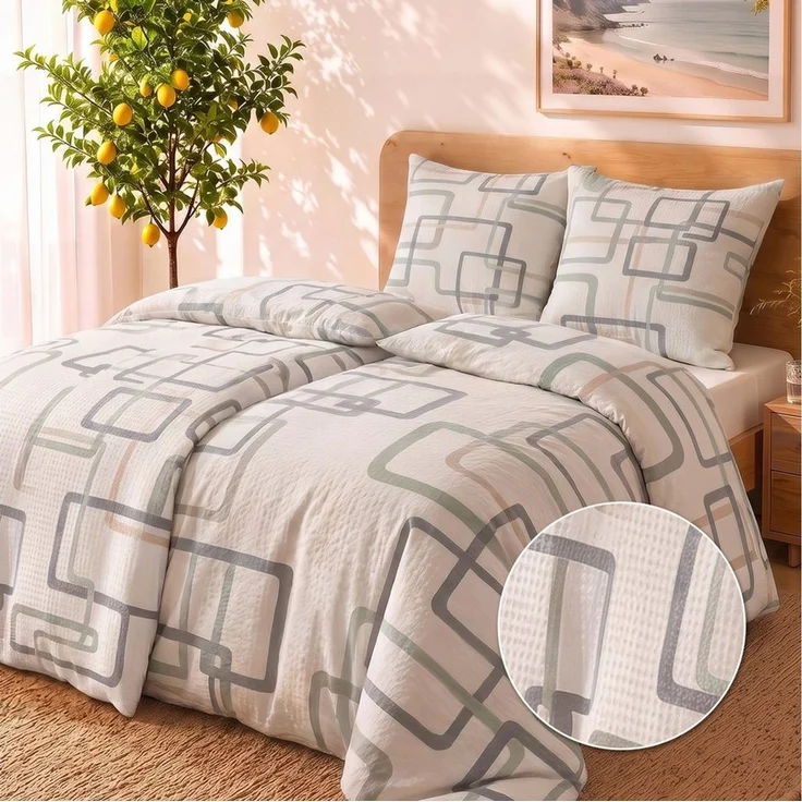 Malika Bettwäsche aus 100 % Mikrofaser, 1x 200x200 + 2x 80x80 cm, Seersucker, Boxen, Seersucker, 3 teilig, Für Allergiker geeignet, pflegeleicht, angenehm weicher Stoff – Bild 1