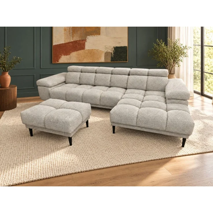 Ecksofa Schlafsofa SENVELIO RELAX inkl. Hocker Stoff Glam Hellgrau Ottomane Rechts – Bild 1