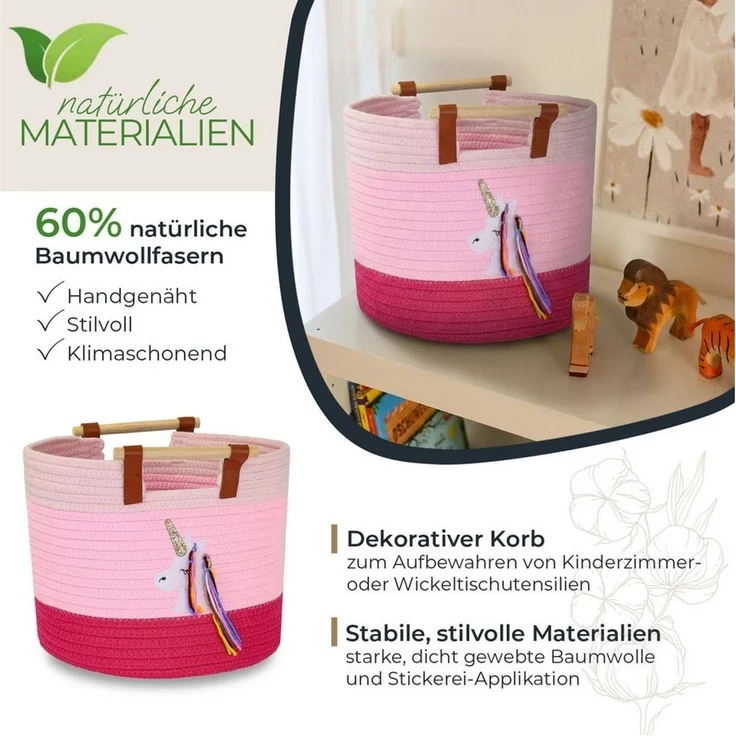 HMF Aufbewahrungskorb Aufbewahrungskorb mit Holzgriffen, runder Korb, Baumwolle für Kinderzimmer oder Babyzimmer, Einhorn, 30 x 30 x 24 cm – Bild 2