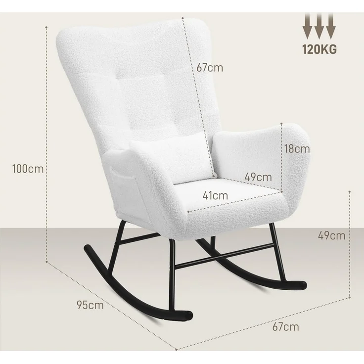 HOMCOM Schaukelstuhl Schaukelsessel mit Teddystoff-Optik Armlehne Stillsessel mit Holzkufen (Relaxsessel, 1 St), mit Seitentasche für Wohnzimmer, Schlafzimmer, Weiß – Bild 2