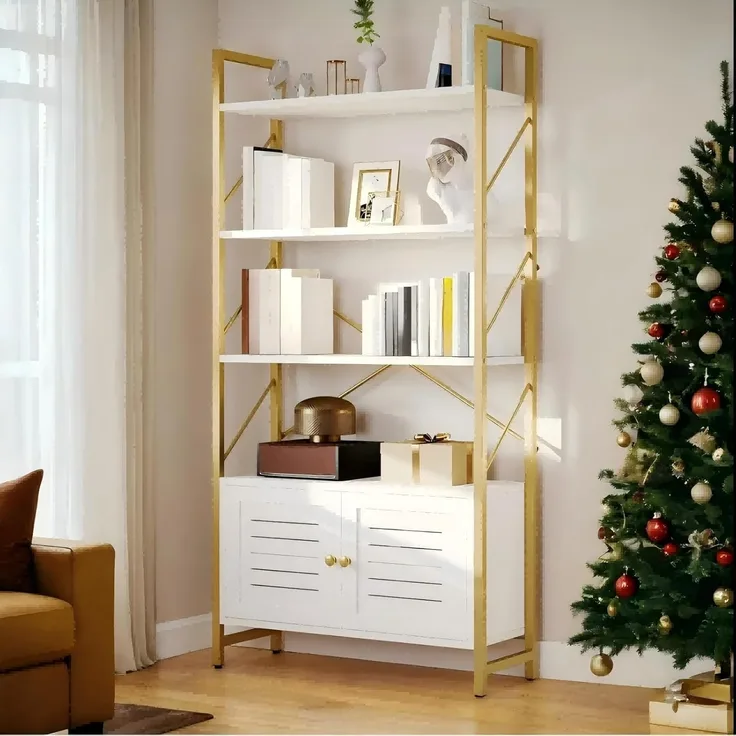 YITAHOME Bücherregal 5 Etagen mit Aufbewahrungsschrank, Bücherregal Weiß mit Türen für Schlafzimmer, Wohnzimmer, Büro, Regal Gold und Weiß und Gold