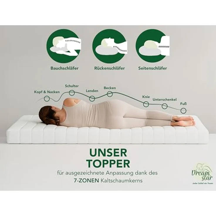 DREAMSTAR Easy Flex, ergonomischer Matratzentopper mit Kaltschaumkern, Härtegrad 3 und 4, Öko-TEX®, 10 cm hoch, 90 x 200 cm, atmungsaktiver Mikrofaserbezug – Bild 5
