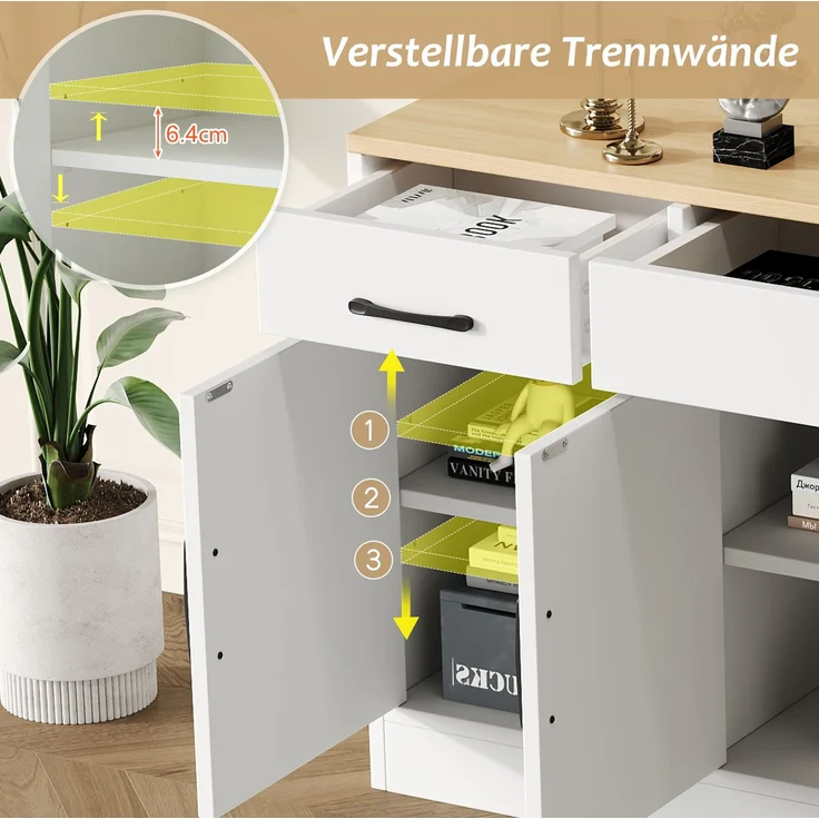 DESVIAE Sideboard aus MDF mit 3 Schubladen und 4 Türen, 160x75x37 cm, Weiß – Bild 6