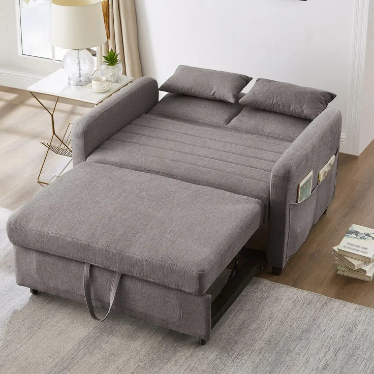 Sofabett 114x77x82,5 cm Grau, ausziehbar mit 3-fach verstellbarer Rückenlehne & Baumwoll-Leinen – Bild 3