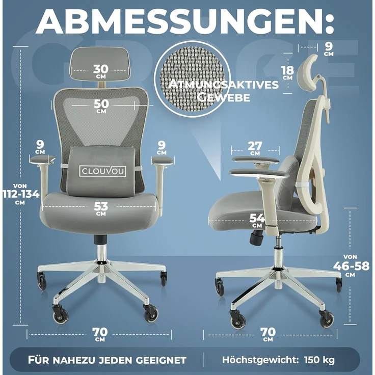 CLOUVOU Bürostuhl ergonomisch, CleverSeat Schreibtischstuhl bis 150 kg - Testsieger (Chefsessel für Arbeitszimmer, 4D Chrom-Metallarmlehne), Blade Wheels, Homeoffice, Gaming Stuhl, Drehstuhl – Bild 2
