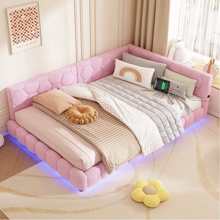 Flieks Polsterbett, LED Doppelbett Daybett Tagesbett Samt 140x200cm mit USB-Anschluss – Bild 5