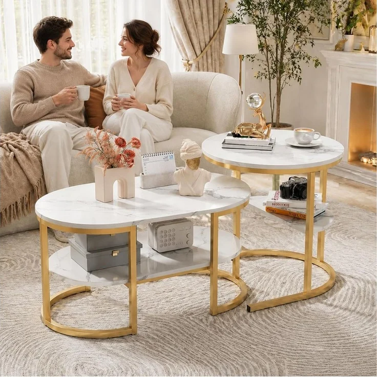 Simurq Couchtisch 2‑er Set ovale Satztische, Marmor‑Optik mit Stauraum – Bild 1