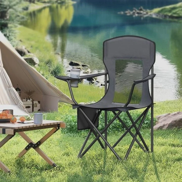 SONGMICS Campingstuhl 2er Set, Klappstuhl Outdoor, Angelstuhl, hohe Rückenlehne, verstellbare Armlehnen, Getränkehalter, klappbar, bis 150 kg belastbar, Camping Garten, schiefergrau GCBDE028G01 – Bild 2