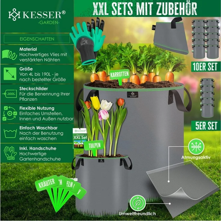 KESSER® Pflanzsack | Pflanzsäcke aus Vlies-Stoff mit Namensschildern | Kartoffel-Pflanztasche mit Fenster & Griffen | Pflanzbeutel für Gemüse Blumen Früchte Grau, 27 Liter, 5er Set – Bild 2
