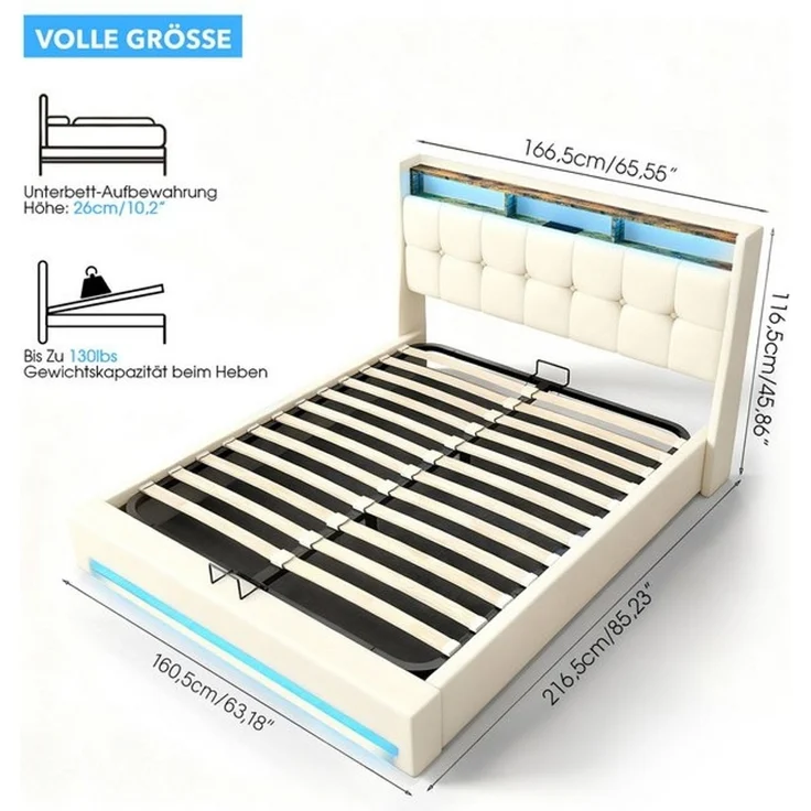 oyajia Polsterbett Doppelbett mit LED Licht 140x200cm,Hydraulisch anhebbarer Stauraumbett (Mit Lattenrost und Ladefunktion, Leinenmaterial Polsterbettt), Modernes Jugendbett, Leises Design Bett, Max. Belastbarkeit 350 kg – Bild 4