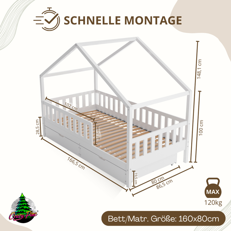 Crazy Pine 'Crazy House' Hausbett mit abnehmbaren Rausfallschutz, Naturholz, Weiß, 80x160 cm, mit Schubladen – Bild 2