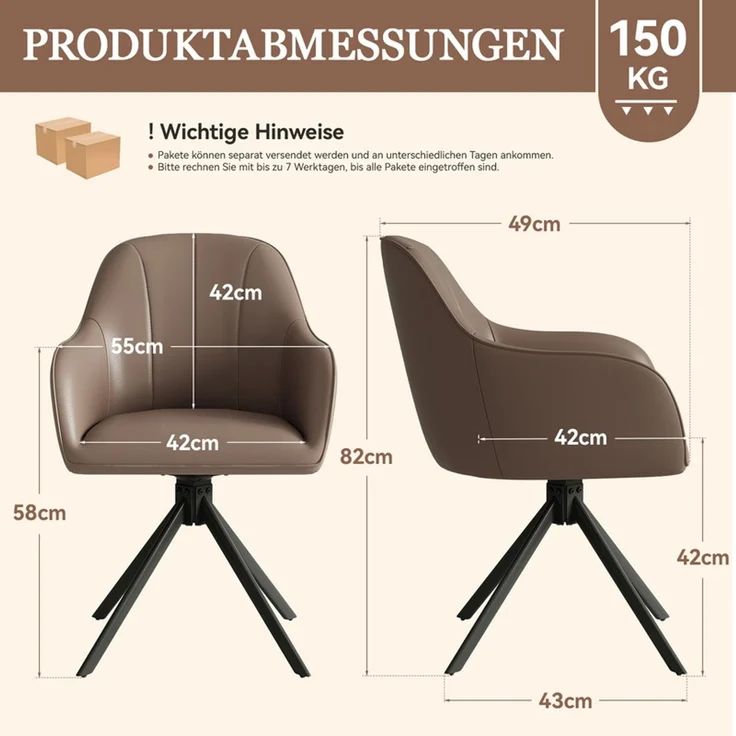 Hawthyhome 4-Fußstuhl Esszimmerstuhl drehbar mit Armlehne, 360° Drehfunktion, Kunstlederbezug, stabiles schwarzes Metallgestell, moderner Küchenstuhl für Esszimmer, Wohnzimmer, Büro & Homeoffice, Braun – Bild 2