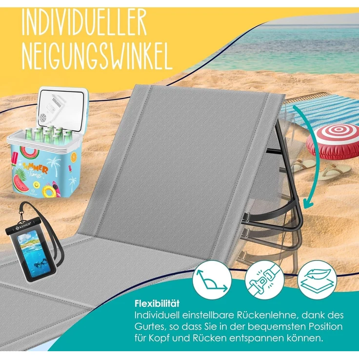 KESSER® Strandmatte klappbar mit verstellbarer Rückenlehne, Strandliege faltbar mit Tragegurt, wasserdichter Handyhülle & Aufbewahrungstasche, Sonnenliege für Strand Garten Terrasse, Liegematte 130Kg Grau, 2er Set / 50W – Bild 5