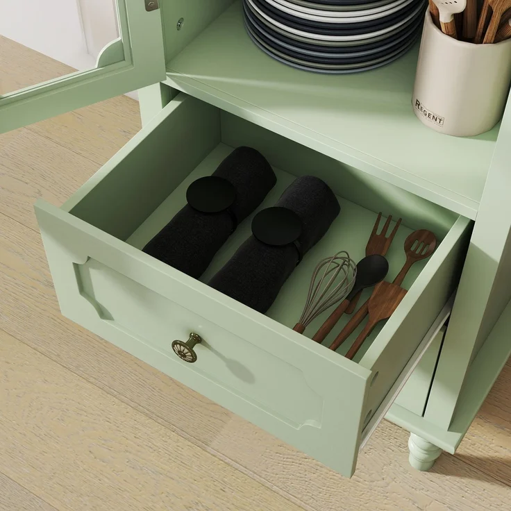 Mintgrüner Vitrinenschrank mit Glastür und 2 Schubladen, Vintage Hochschrank aus MDF mit Massivholzbeinen, Saugroboter-tauglicher Aufbewahrungsschrank für Wohnzimmer, Esszimmer, Flur--Grün--50x40x133cm--YOUDENOVA – Bild 7