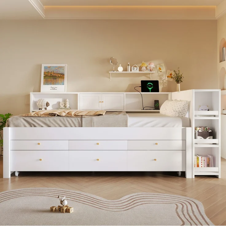Stauraumbett 140x200 cm mit 3 Schubladen, ausziehbarem Gästebett und USB-Anschluss – Weiß (ohne Matratze) – Bild 2