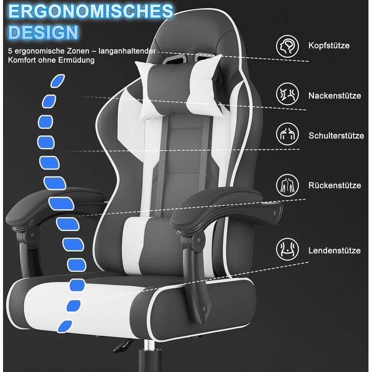Devoko Gaming Stuhl mit Massagefunktion, Bürostuhl Ergonomisch mit Verstellbarer Ruckenlehne (90-135), Schreibtischstuhl mit Bewegliche Armlehne, max 150kg, Schwarz Weiß – Bild 8