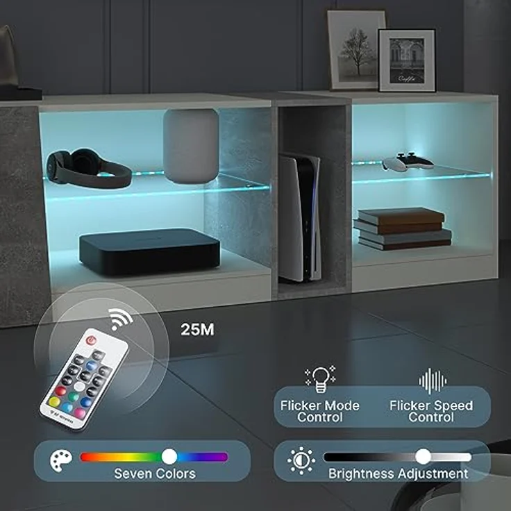 Mondeer TV Schrank, LED TV Lowboard Fernsehtisch mit 5 offenen Fächern und 1 Tür Geeignet, für Wohnzimmer Schlafzimmer, B140 x H45 x T37,5 cm, Weiß und Grau – Bild 4