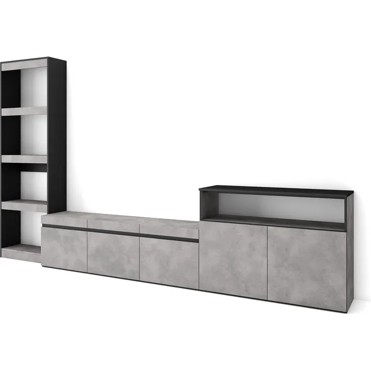 Skraut Home | Wohnwand Wohnzimmer | Wohnzimmermöbel, Möbelset | 310 x 186 x 35 cm | Für TV-Geräte bis zu 65" | Wohnzimmer Möbel | Moderner Stil | Zement
