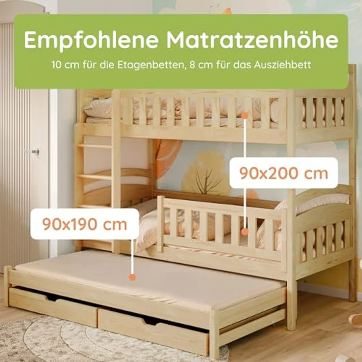 Kids Collective Etagenbett Hochbett Kinderbett 90x200 cm mit Lattenrost und Rausfallschutz, mit Ausziehbett, zwei Schubladen und drei Matratzen, natur – Bild 9