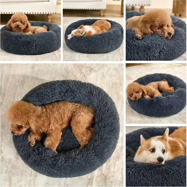 1 Stück Plüsch-Hundebett, rund, rutschfest, bis 4,5 kg, dunkelgrau – Bild 3