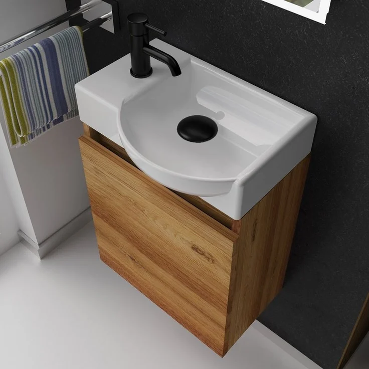 Alpenberger Badmöbel-Set Gäste WC Waschbecken mit Unterschrank - Hängeschrank Vormontiert, (Washbasin - Waschtisch Set, Schmales Waschbecken mit Unterschrank), Waschbecken mit Unterschrank Holzoptik - Gäste WC Set – Bild 2