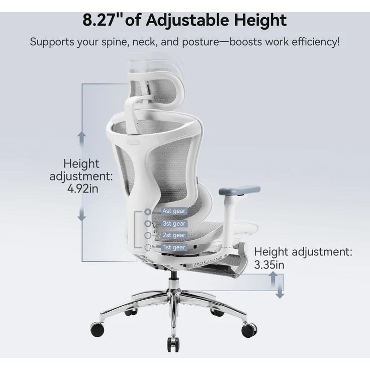 Sihoo 'Doro C300L' ergonomischer Schreibtischstuhl, Mit Fußpedal, 126 x 78,5 cm, in Weiß – Bild 22