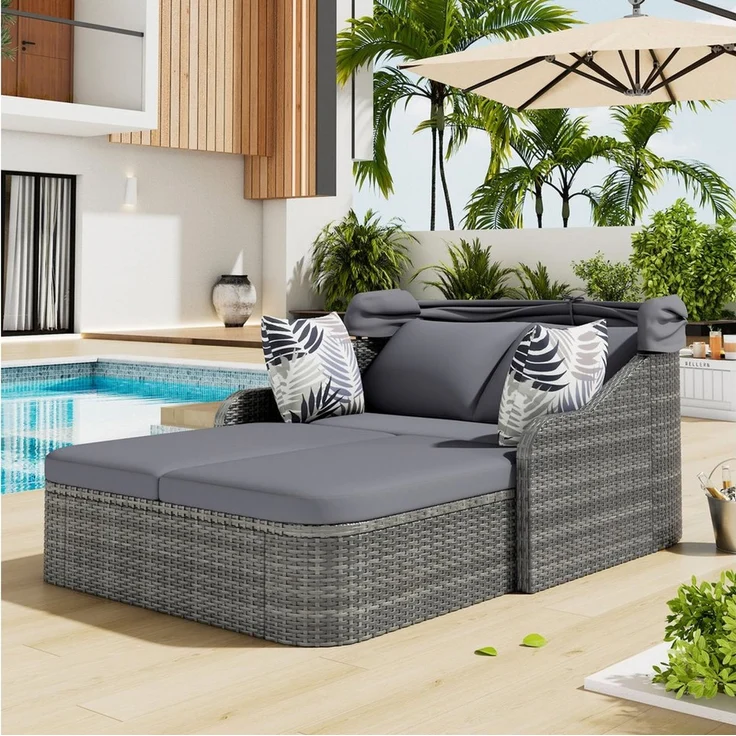 BBWL Doppelliege mit verstellbarem Baldachin, Outdoor Daybed mit Kissen für Garten Pool, Sonneninsel Gartenlounge PE-Rattan Doppel Sonnenliege – Bild 3
