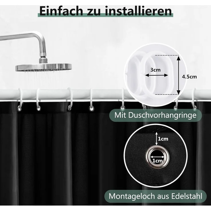 Duschvorhang 240x200cm Schwarz Anti-schimmel Wasserdicht PVC Antibakteriell – Bild 4