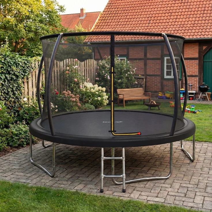 Devoko Gartentrampolin mit Sicherheitsnetz, Leiter, Randabdeckung, Stahlrahmen, Schwarz, Ø 360 cm – Bild 2