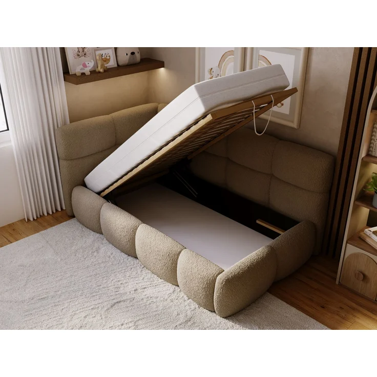 GRAINGOLD Modo One Jugendbett 90x200, Einzelbett mit Bettkasten, mit Lattenrost, Bouclé-Stoff, Rechts, Braun – Bild 6